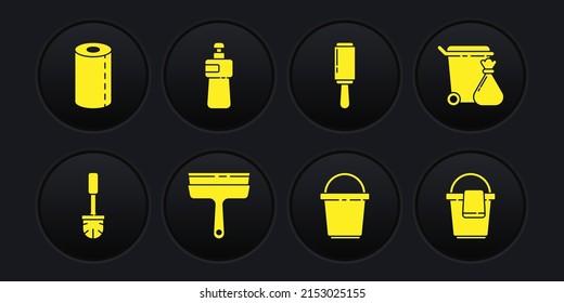 Set Toilet brush, Trash can and garbage bag, Rubber cleaner for windows, Bucket, Adhesive roller, Dishwashing liquid bottle, with rag and Paper towel icon. Vector