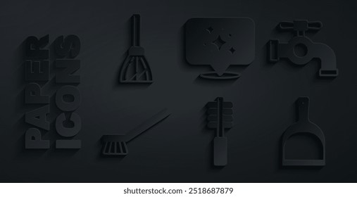 Definir escova de banheiro, torneira de água, Escova para limpeza, Dustpan, Serviço doméstico e Handle ícone da vassoura. Vetor