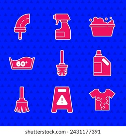 Set Toilet brush, Wet floor, Dirty t-shirt, Bottle for cleaning agent, Feather broom, Temperature wash, Basin with soap suds and Rubber cleaner windows icon. Vector