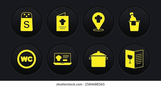 Set Toilet, Champagne in an ice bucket, Online ordering and delivery, Cooking pot, Chef hat with location, Cookbook, Restaurant cafe menu and Salt icon. Vector