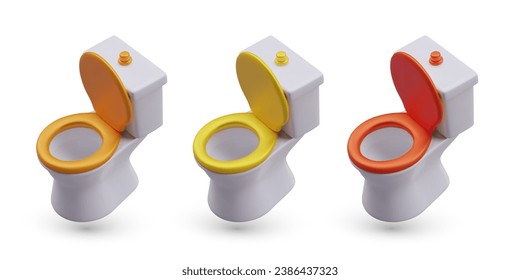 Set with toilet with gold red, gold and orange lid. New ceramic toilet bowl isolated on white background. Realistic model for home. Vector illustration