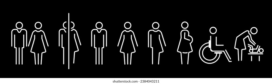 
Set toilet icon man woman linear isolated white icons. Gender sign. Vector illustration.