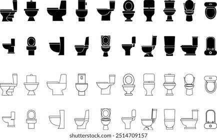 Set von WC-Symbole Schüssel hygienisch saubere Silhouette Ware Vektorgrafiken Bad in schwarz flach, Outline-Stile. Bidet WC Flush WC für Websites Designs auf transparentem Hintergrund. Möbel für Badezimmer.