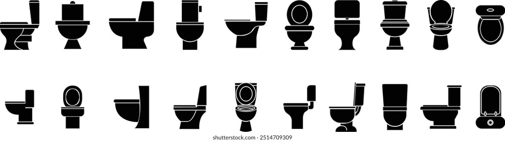 Set von WC-Icons Schüssel Sanitär sauber Silhouette Ware Vektorgrafiken Bad in schwarzen flachen Stilen. Bidet-Toilettenspülung WC-Symbol für Website-Design einzeln auf transparentem Hintergrund. Möbel für Badezimmer.