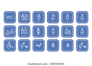 
Set of toilet icons white icons on a blue square. Toilet linear icons set on blue background. Vector illustration. Isolate on white background.
