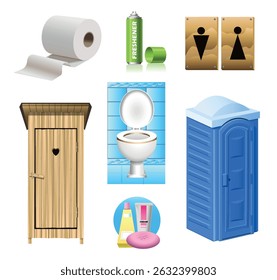 Set of toilet items on a white background. Toilet cabins. Vector 3d illustration