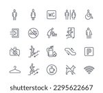 Set of toilet line icons. Parking signs, no smoking zones, camera and dogs. Man and woman WC. WiFi and fire extinguisher, entrance. Line art flat vector collection isolated on white background