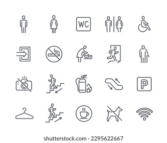Set of toilet line icons. Parking signs, no smoking zones, camera and dogs. Man and woman WC. WiFi and fire extinguisher, entrance. Line art flat vector collection isolated on white background