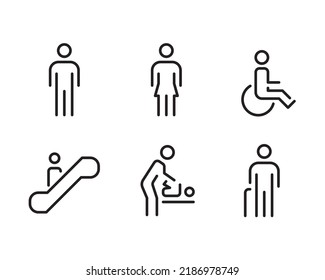 Set of toilet line icons. toilet sign. Man, woman, mother with baby and disability symbol. Toilets for men, women, transgender, disabled. Vector graphics