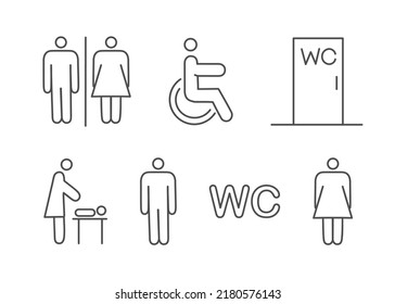 Set of toilet navigation icons. Wayfinding wc female male for disabled and mother and child room. Vector 