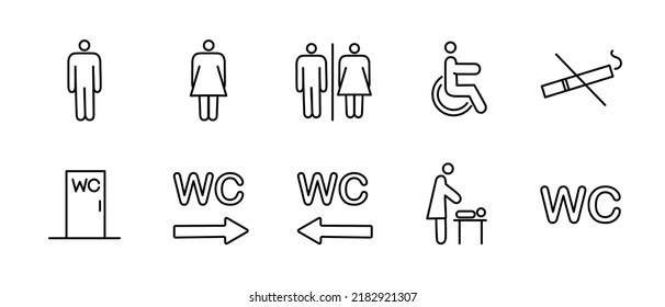 A set of toilet navigation icons. Wayfinding wc female male for disabled and mother and child room. Vector 