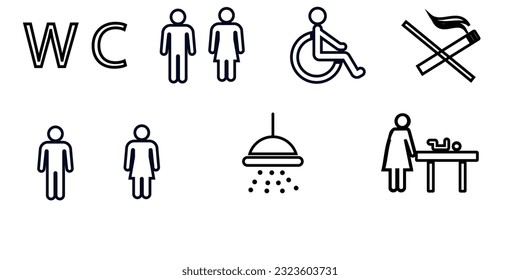  A set of toilet navigation icons. Wayfinding wc female male for disabled and mother and child room. Vector