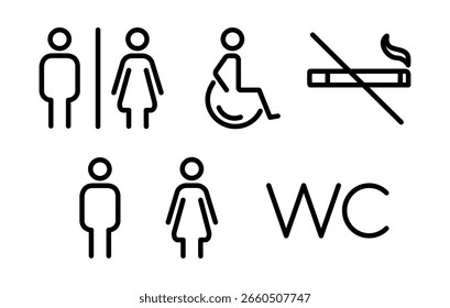 Conjunto de ícone de contorno de banheiro mostrando símbolos para banheiros masculinos, femininos e desativados. Inclui WC e sinal de não fumar. Ilustração vetorial de contorno simples para sinalização de banheiro e design de interface do usuário.