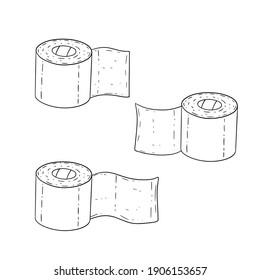 Set of toilet paper. Bath element. White cartoon object. Several rolls of paper towels on white background. Doodle sketch