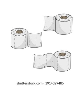 Juego de papel higiénico. Elemento de baño. Objeto de caricatura blanco. Varias toallas de papel sobre fondo blanco. Esbozo de Doodle