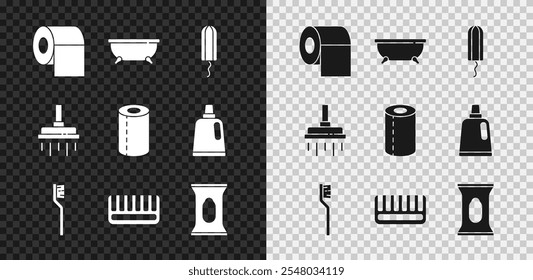 Definir rolo de papel higiênico, Banheira, tampão sanitário, Escova de dentes, Escova de cabelo, Wet wipe pack, Cabeça de chuveiro e ícone de toalha de papel. Vetor