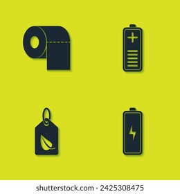 Set Toilet paper roll, Battery, Tag with leaf and charge level indicator icon. Vector