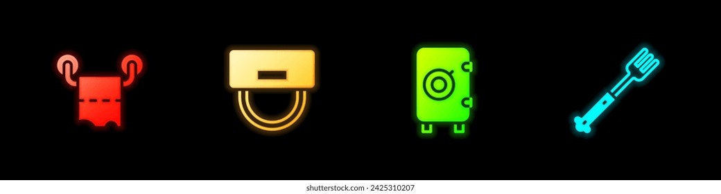 Set Rollo de papel higiénico, sombrero de botones, caja fuerte e icono de tenedor. Vector