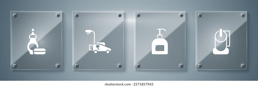 Set Toilet paper roll, Bottle of liquid soap, Lawn mower and Dishwashing bottle. Square glass panels. Vector