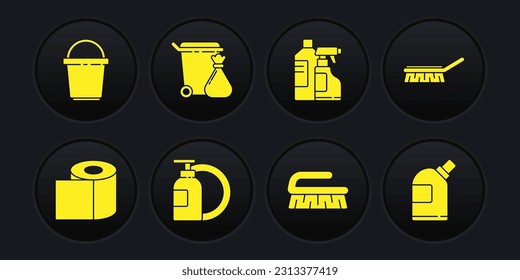 Set Toilet paper roll, Brush for cleaning, Dishwashing liquid bottle and plate, Bottles agent, Trash can garbage bag,  and Bucket icon. Vector