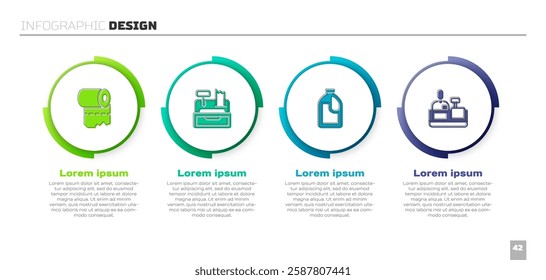 Set Toilet paper roll, Cash register machine, Bottle for cleaning agent and Cashier at cash. Business infographic template. Vector