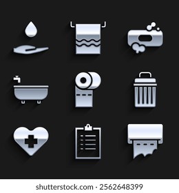 Set Toilet paper roll, Clipboard with checklist, Paper towel dispenser on wall, Trash can, Heart cross, Bathtub, Bar of soap and Washing hands icon. Vector