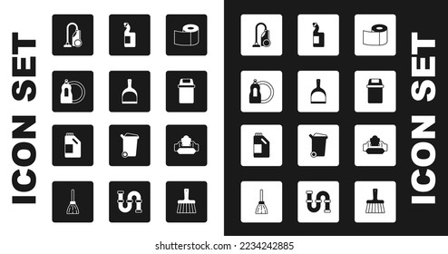 Set Toilet paper roll, Dustpan, Dishwashing liquid bottle, Vacuum cleaner, Trash can, Wet wipe pack and Bottle for cleaning agent icon. Vector