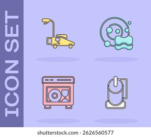 Set Toilet paper roll, Lawn mower, Dishwasher machine and Washing dishes icon. Vector