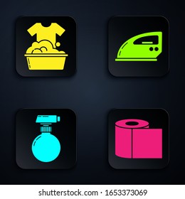 Set Toilet paper roll , Plastic basin with soap suds , Cleaning spray bottle with detergent liquid  and Electric iron . Black square button. Vector