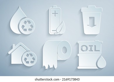 Set Toilet paper roll, Send to the trash, Eco House with recycling, Oil barrel, nature leaf and battery and Recycle clean aqua icon. Vector