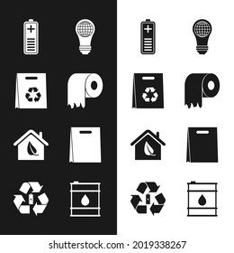 Set Toilet paper roll, Shopping bag with recycle, Battery charge level indicator, Light bulb world globe, Eco friendly house, Oil barrel and  icon. Vector