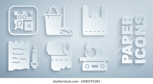 Set Toilet paper roll, Paper shopping bag, Shopping list and pencil, Electronic scales for product, Mop bucket and QR code icon. Vector