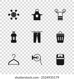 Set Toilet paper roll, Trash can, Drying clothes, Towel on hanger, Bacteria, Kitchen apron and Bottle for detergent icon. Vector