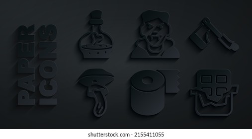 Set Toilet paper roll, Wooden axe, Psilocybin mushroom, Chocolate bar, Vampire and Bottle with potion icon. Vector
