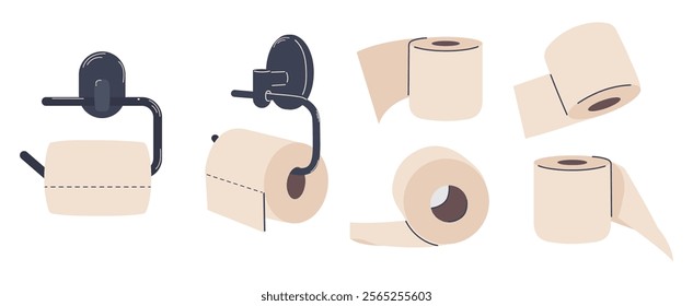 A set of toilet paper rolls from different angles. A roll of toilet paper is hanging on a wall holder. Isolated on a white background. Flat vector illustration.