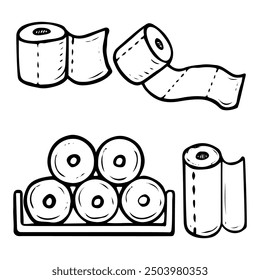 Set of toilet paper rolls hand drawn doodle. Wall shelf with toilet paper. Personal hygiene. Interior Design. Vector outline line art illustration.