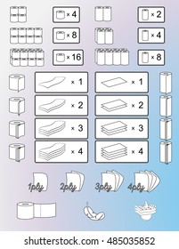 Set of toilet paper and paper towels packaging signs, symbols and icons. Isolated illustration. Vector.