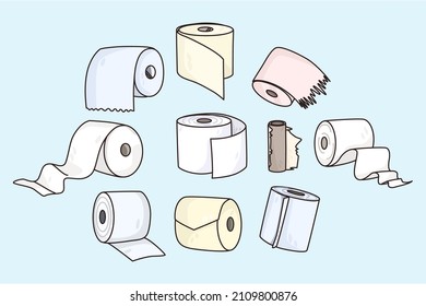 Set of toilet papers isolated on blue background. Collection of paper rolls and kitchen towel. Household items. Flat vector illustration. Bathroom and WC package bundle. 