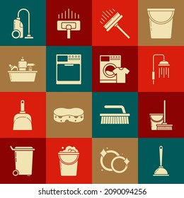 Set Toilet plunger, Mop and bucket, Shower head with water drops flowing, Squeegee, scraper, wiper, Washer, Plastic bottles for liquid dishwashing liquid, Vacuum cleaner and t-shirt icon. Vector