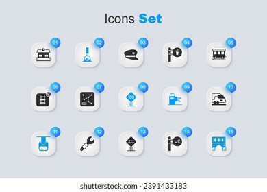 Set Toilet, Railway map, Arrow for switching the railway, Cable car, Bridge train, High-speed, station and Speed limit traffic sign 100 km icon. Vector