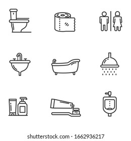 Set of toilet related icons in black line design isolated on white background 