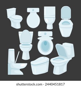 Set of toilet seat set collection, New ceramic toilet bowl, Clean Toilet bowl in bathroom interior decoration with top view and side view, cartoon style, closet flush toilet vector illustration.