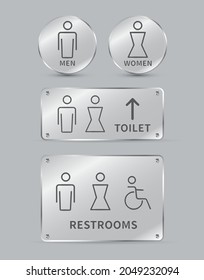 Set of toilet signs. Glass plates circle and square shape. Men and women restroom line icon. Disabled wheelchair icon. Vector illustration