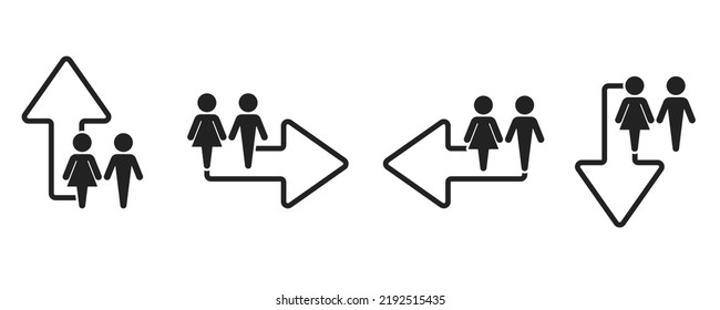 Set Toilet Signs. Men And Women Restroom Icon Sign Arrow. Vector Illustration Isolated On White Background