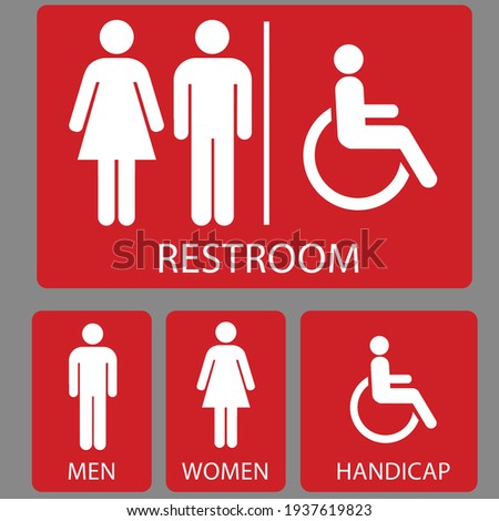 Set toilet signs. Men and women restroom icon sign right arrow. Disabled wheelchair icon. vector illustration