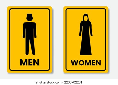 Set toilet signs with Muslim women and men icons yellow base color and text inscription on isolated background