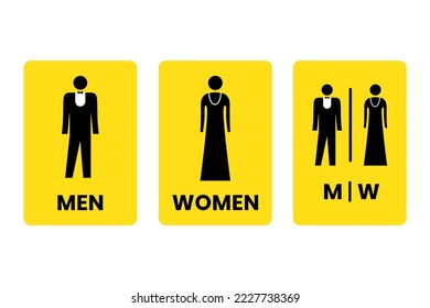 Set toilet signs with yellow base color and text inscription on isolated background desugn