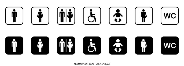 Set Of Toilet Silhouette Icon. Collection Of Symbols Restroom. Mother And Baby Room. Sign Of Washroom For Male, Female, Transgender, Disabled. WC Sign On Door For Public Toilet. Vector Illustration.