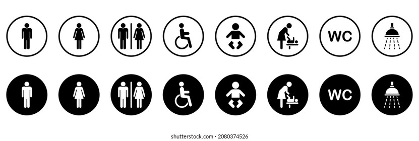 Set Of Toilet Silhouette Icon. Mother And Baby Room Icon. WC Sign On Door For Public Toilet. Sign Of Washroom For Male, Female And Children. Symbols Restroom. Vector Illustration.