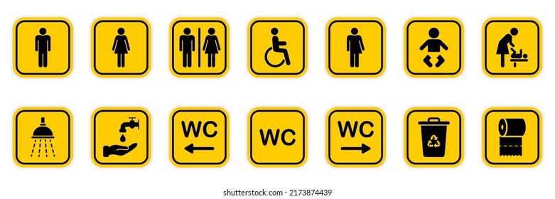 Set von Toilette Silhouette Symbol. Mutter- und Babyzimmer. Zeichen von Waschraum für Männer, Weibliche, Transgender, Behinderte. WC Sign on Door für öffentliche Toiletten. Sammlung von Symbolen Restroom. Vektorgrafik.